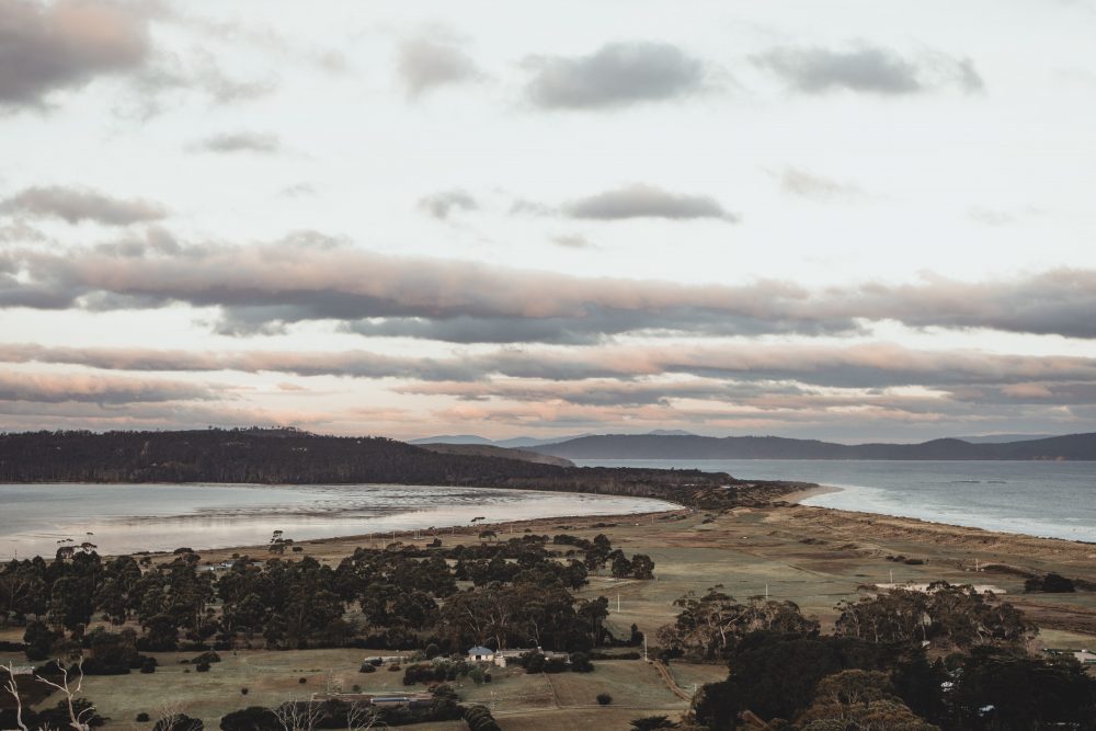 Tasmania Hilltop view of countryside and beach / Elopement photography